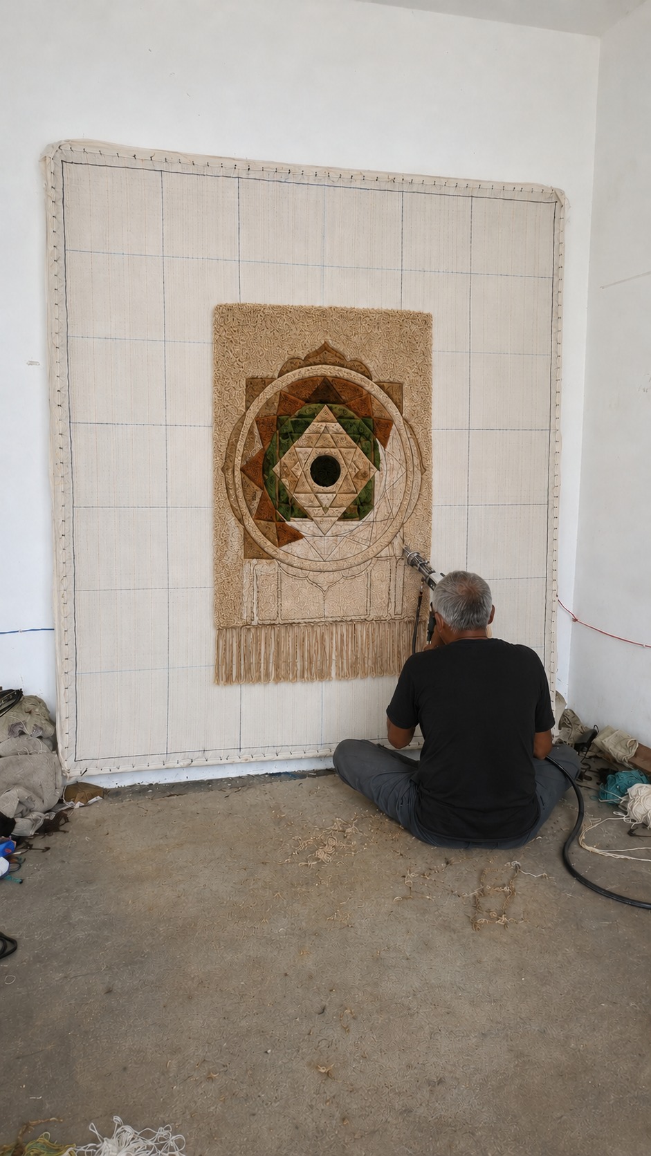 An artisan tufting a Sri Yantra panel on a stretched canvas frame in the workshop