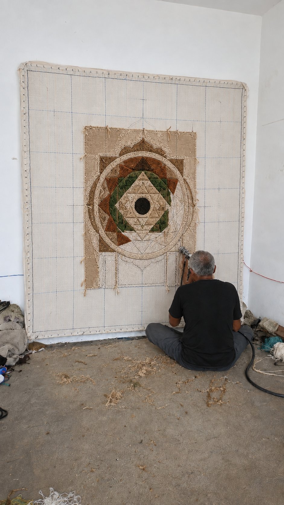 An artisan working on a large geometric rug stretched on a workshop frame
